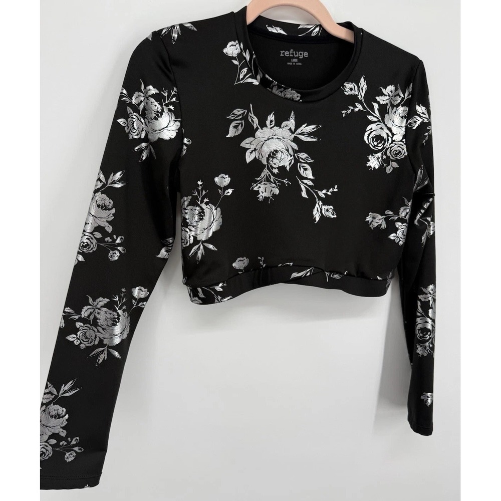 Refuge Black Metallic Silver Foil Floral Long Sleeve Crop Top Blouse Large